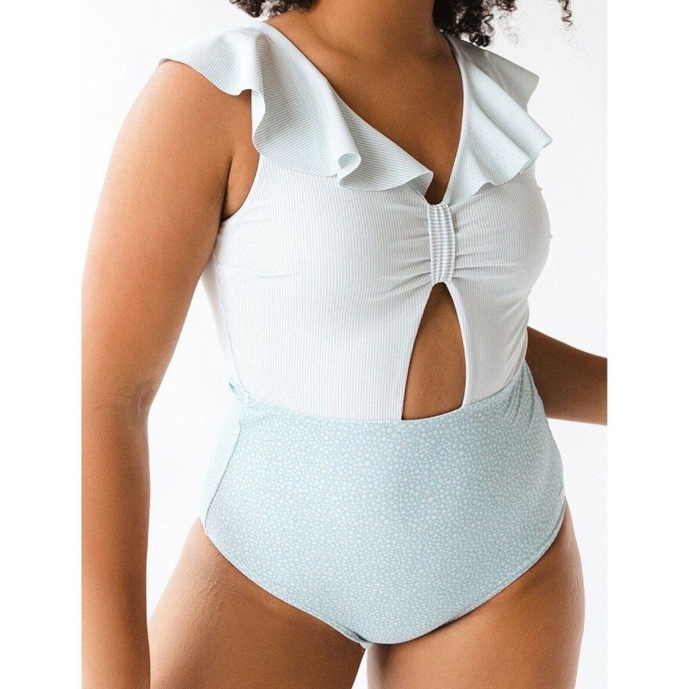 Albion Dottie Blue Striped Sleeveless Ruffle Neck One Piece Swimsuit Size Large